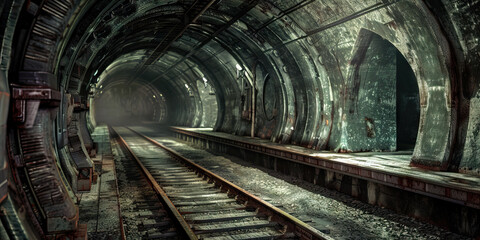 Obraz premium Abandoned Subway System: A series of tunnels and platforms, designed to resemble an abandoned subway system, perfect for a thriller or horror setting.