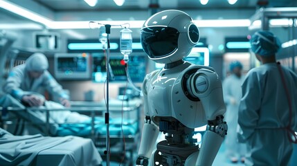 Advanced Medical Robot Assisting in a High-Tech Emergency Room with Medical Staff in the Background