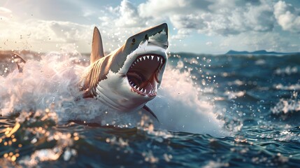 Great White Shark Breaching the Ocean Surface with Open Jaws and Teeth Bared, Splashes of Water Against a Bright Blue Sky with Fluffy White Clouds