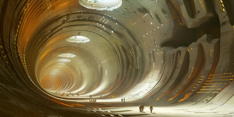 Subterranean City: A vast network of tunnels and passageways, depicting a futuristic underground city where people live and work.
