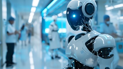 Fototapeta premium Futuristic Robot with Digital Display Face in a Modern Hospital Setting, Medical Staff in the Background, Highlighting Technological Advancements in Medicine