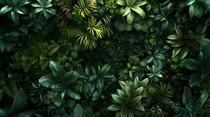 Top view of dense jungle foliage with lush green leaves, featuring a variety of tropical plants and intricate textures, perfect for nature and botanical themes