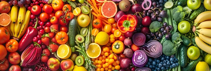 A colorful assortment of fresh fruits and vegetables, beautifully organized in a gradient pattern, ideal for food, diet, and wellness-related content
