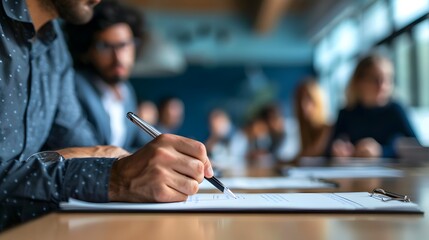 Businessman signing documents in a modern office setting with blurred colleagues in the background, ideal for corporate, teamwork, and business strategy themes