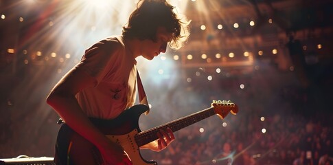Guitarist performing on stage with dramatic lighting and a vibrant audience, ideal for music...