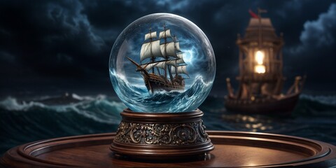  A round glass sphere with a ship  