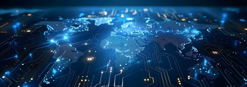 Blue digital world map with glowing network lines and data points, ideal for global communication and information technology themes
