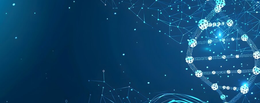 Futuristic digital DNA double helix with glowing blue nodes and connections, ideal for biotechnology, genetics, and scientific research visuals