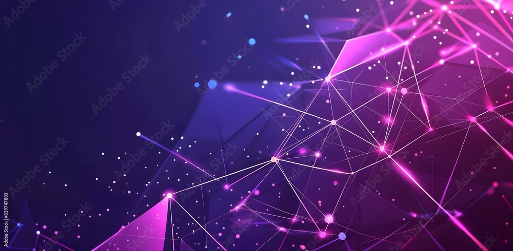 Sticker abstract geometric network with pink and blue lines, glowing polygonal mesh with dots on dark backgr