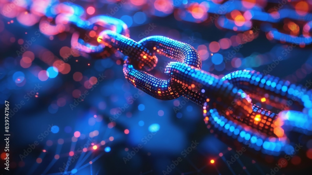 Poster a futuristic digital chain made of glowing particles, representing connection and security.