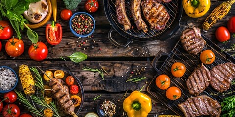 Fototapeta premium Top view of fresh meat and vegetables on grill