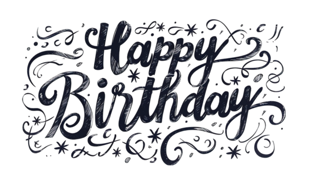 Elegant hand drawn calligraphy of 'happy birthday' against on transparent background, perfect for creating celebratory greeting cards or festive social media posts