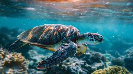 Obraz premium Wallpaper of huge turtle sea marine animal on ocean bottom. Photo of wild reptile in underwater life