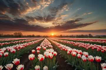 a field of white red tulips with a beautiful sunset