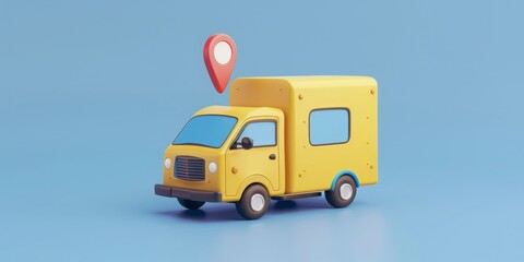 3D illustration of a small yellow delivery truck with a location pin on a blue background. Concept of delivery service, logistics, and transportation.