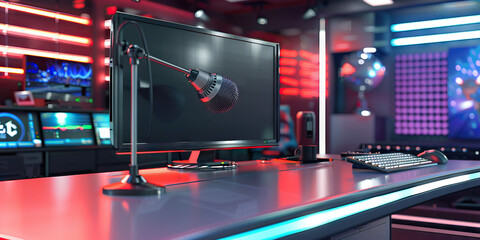 Fototapeta premium News Anchor Desk: A sleek and modern desk with a large monitor, microphone, and newsroom backdrop, ready for a news anchor to deliver the latest headlines.