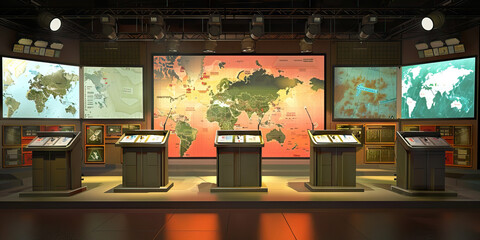 Strategic Command Center Talk Show Stage: A stage with strategic command consoles, maps, and a backdrop featuring strategic planning operations