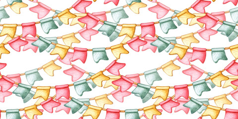 Flags of yellow, red and green colors, garland on a rope pattern watercolor illustration. Isolated from background for universal use in greetings, invitations, decor and advertising.