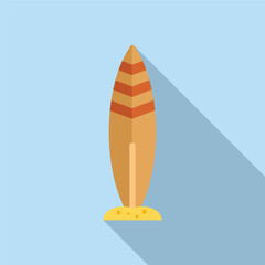 Surfboard standing on the sandy beach by the crystal clear ocean water, creating the perfect summer vacation travel scene for surfing and water sport enthusiasts