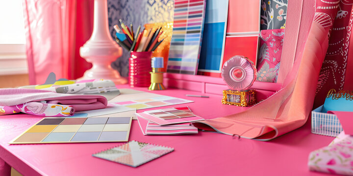 Vibrant Pink Interior Designer's Haven: Pink desk with color swatches, fabric samples, and sketches, showcasing a fun and playful work environment