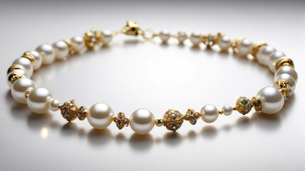 Timeless Beauty: Classic Pearl Necklace and Bracelet Set, Featuring Lustrous Pearls and Delicate Gold Accents, Generative AI