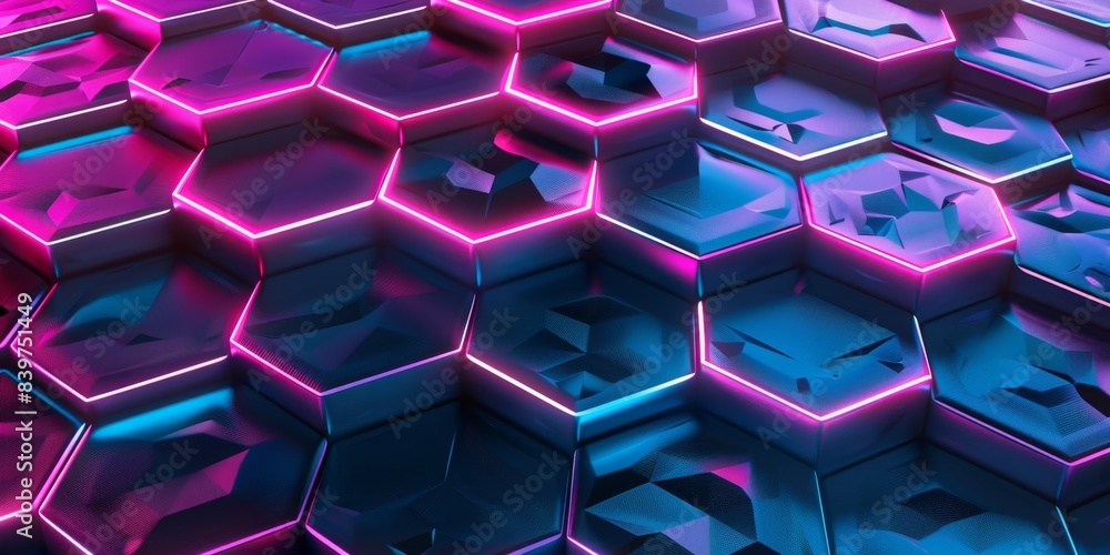 Poster abstract pattern of neon-outlined hexagons in blue and pink