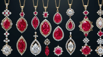 Dazzling Display: Assortment of Diamond and Ruby Pendants, Each Shimmering with Unmatched Brilliance, Generative AI