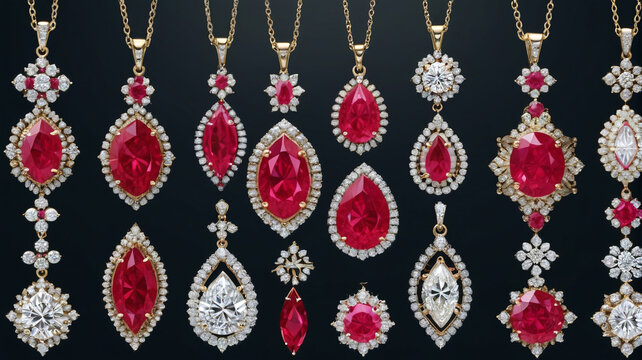 Dazzling Display: Assortment of Diamond and Ruby Pendants, Each Shimmering with Unmatched Brilliance, Generative AI