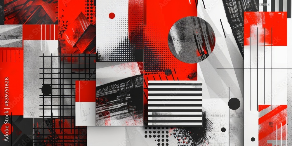 Poster abstract geometric composition with halftone textures in red and white