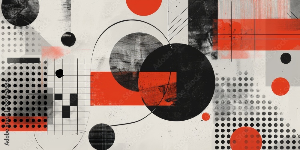 Poster abstract geometric shapes with halftone textures and red accents