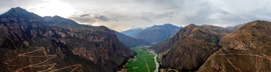 Aerial drone view of the beautiful and lush Valle Sagrado (Sacred Valley) in the Andes Mountains in...