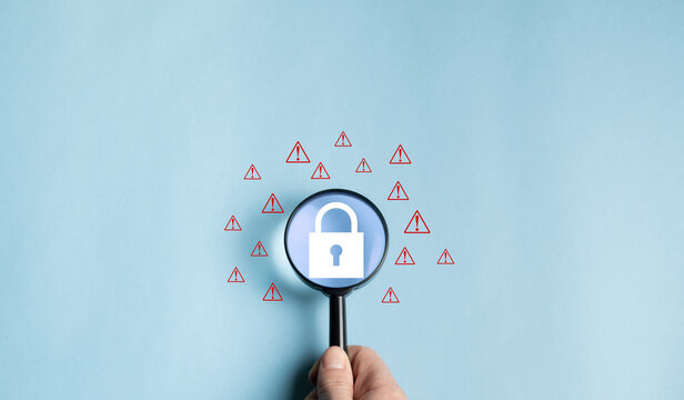 Network security vulnerability concept, data breach, illegal connection and information danger. System warning sign, fraudulent virus attack, firewall, error notification.