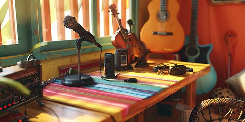 Brazilian Musician's Sanctuary: Colorful desk with musical instruments, a microphone, and a cozy chair, highlighting a talented musician's creative space in Brazil
