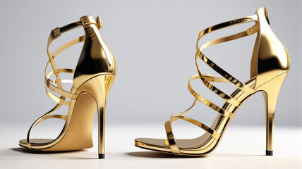Metallic Shine: Gold Metallic High Heels with a Strappy Design and Open Toe, Generative AI
