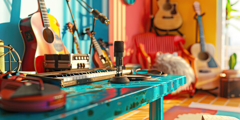 Brazilian Musician's Sanctuary: Colorful desk with musical instruments, a microphone, and a cozy chair, highlighting a talented musician's creative space in Brazil