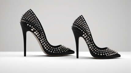 Fototapeta premium Urban Edge: Edgy Black Heels with Studded Details and a Sharp Pointed Toe, Generative AI