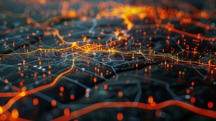 Illuminated circuit board with flowing energy lines. Technology, data transfer concept.