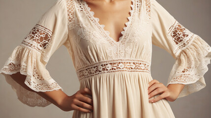 Boho Bliss: Cream-Colored Bohemian Dress with Lace Inserts and Flared Sleeves, Generative AI