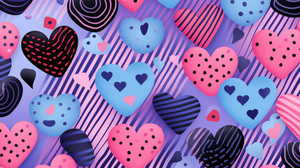 Various pink and blue heart shapes with patterns