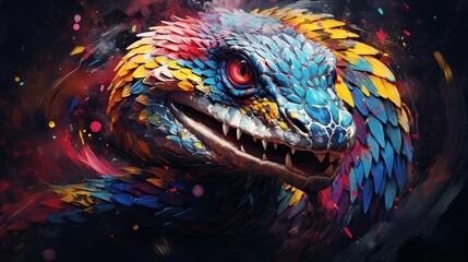An abstract portrait of a snake with swirling colors  