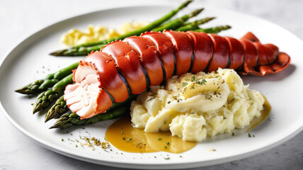Exquisite Lobster Tail: Lobster Tail Served with Truffle Mashed Potatoes and Asparagus, Garnished with Edible Gold Leaf, Generative AI