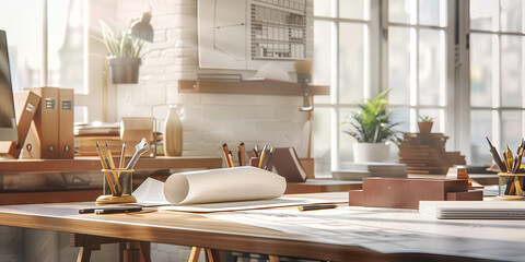 American Architect's Workstation: Minimalist desk with drafting tools and an architectural model, symbolizing a dedicated architect in the United States.