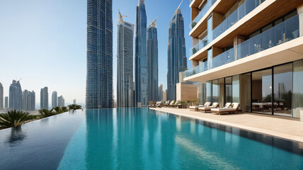 Fototapeta premium Dubai Marina Sky Residence: Ultra-Modern Apartment with Floor-to-Ceiling Windows and Infinity Pool, Generative AI
