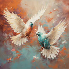 Obraz premium Two Colorful Abstract Doves in Flight Against Vibrant Background