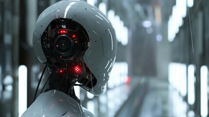 Fototapeta premium Close-up of a sophisticated futuristic robot head with intricate details