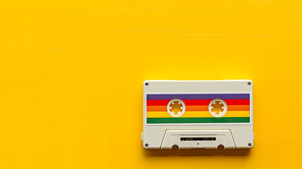 Fototapeta premium White Cassette Tape with Rainbow Design on Yellow Background