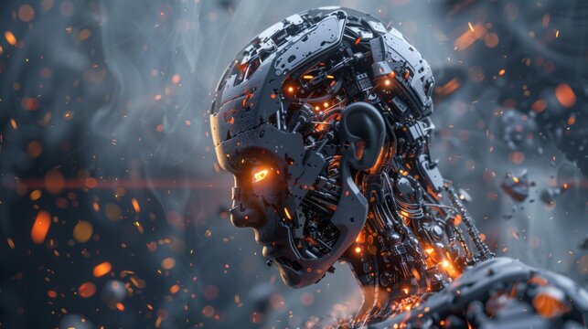 Close-up of a scary humanoid robot with glowing red eyes. Danger of AI concept.