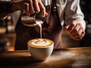 Barista creating latte art, professional coffee preparation, coffee shop


