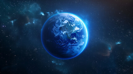 Obraz premium The image depicts a stylized representation of Earth glowing with blue light against a dark space background