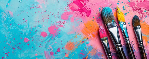Fototapeta premium Colorful paintbrushes arranged on a pastel background with splashes of color, symbolizing creativity and artistic expression High resolution photo available for commercial use